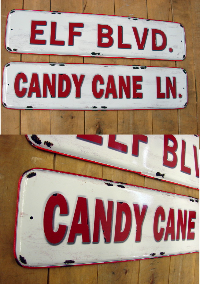 Vintage Style Enamel Christmas Sign Elf Blvd Candy Cane Ln Set/2, Moose-R-Us.Com Log Cabin Decor