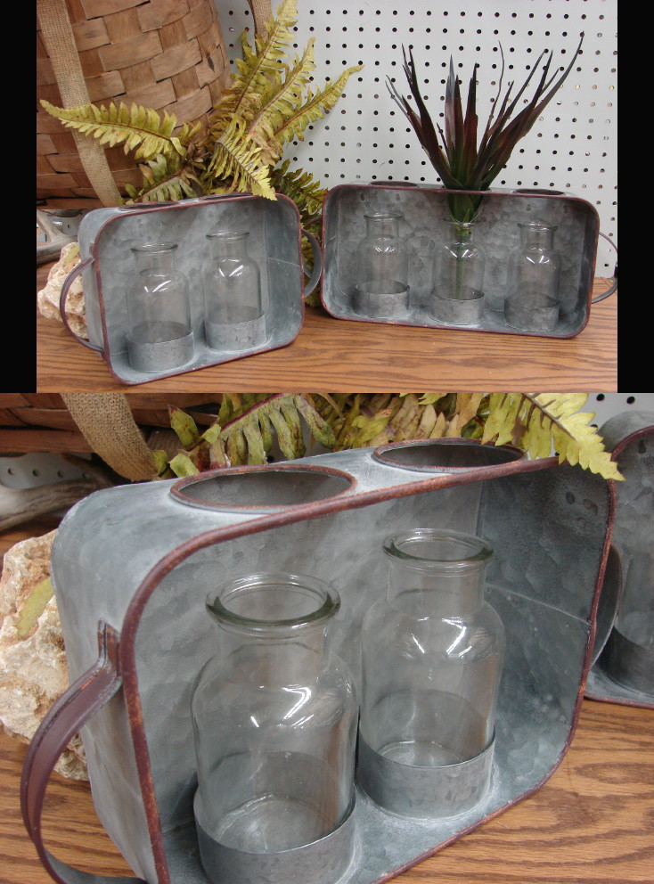 Reclaimed Galvanized Metal Wall Basket Tray Glass Vases, Moose-R-Us.Com Log Cabin Decor