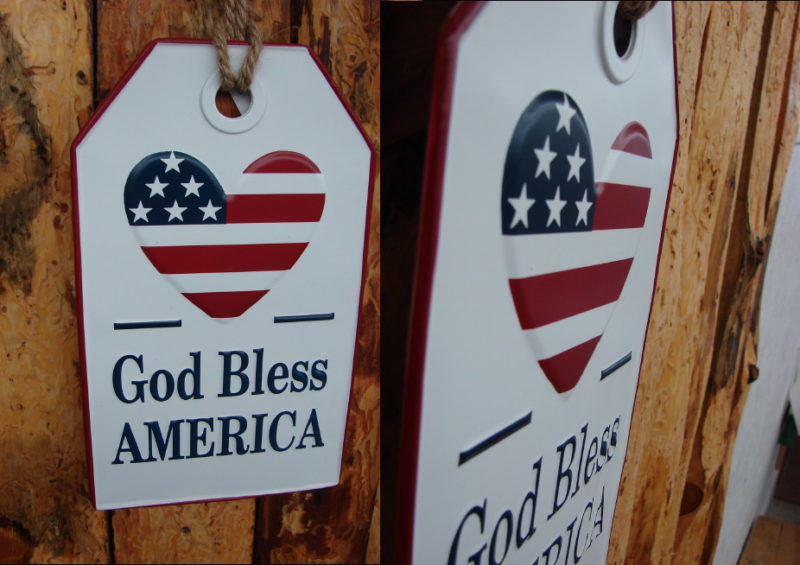 Embossed Tin Enamel God Bless America Tag Sign, Moose-R-Us.Com Log Cabin Decor