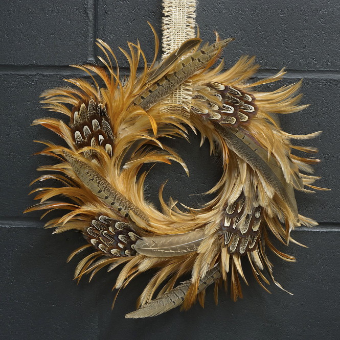 Real Pheasant Feather Hackle Lodge Log Wreath Winter Decorating, Moose-R-Us.Com Log Cabin Decor