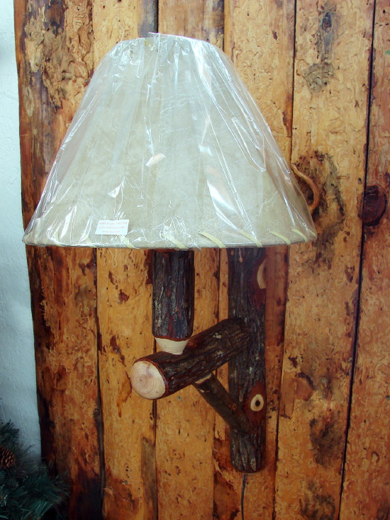 Amish Crafted Hickory Wood Bark-on Rustic Wooden Table Wall Lamp Sconce, Moose-R-Us.Com Log Cabin Decor