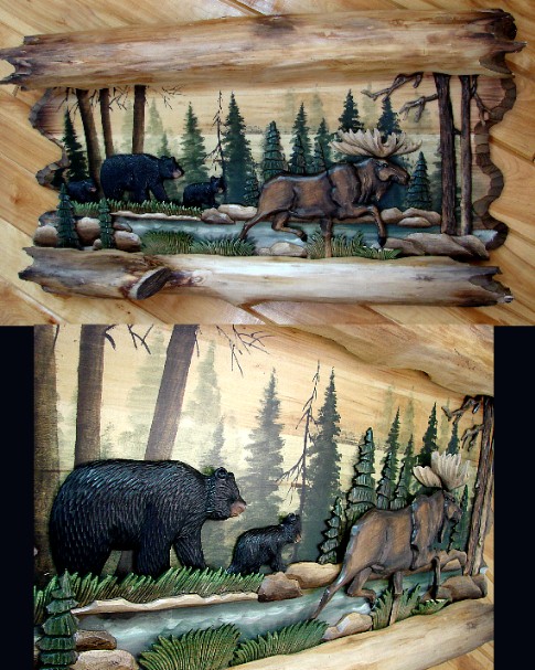 Log Framed Moose and Bear Intarsia Natural Wood Wall Art Picture, Moose-R-Us.Com Log Cabin Decor