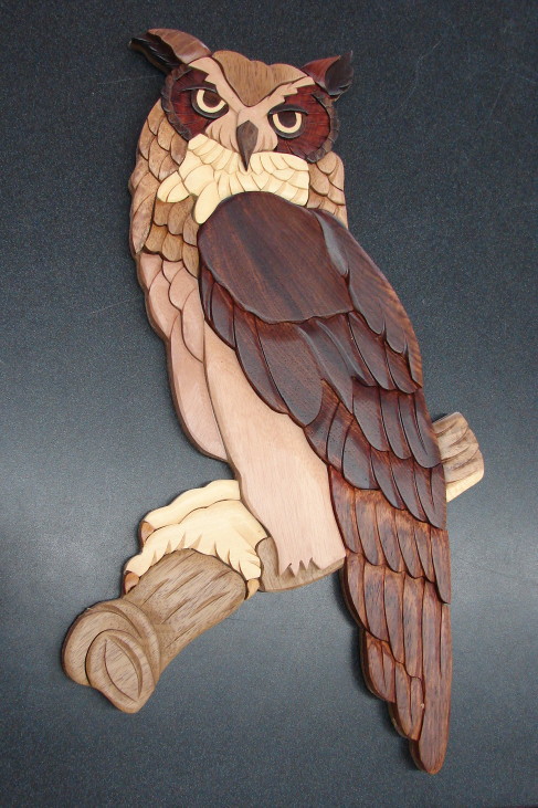 Solid Wood Intarsia Horned Owl Wall Decor, Moose-R-Us.Com Log Cabin Decor