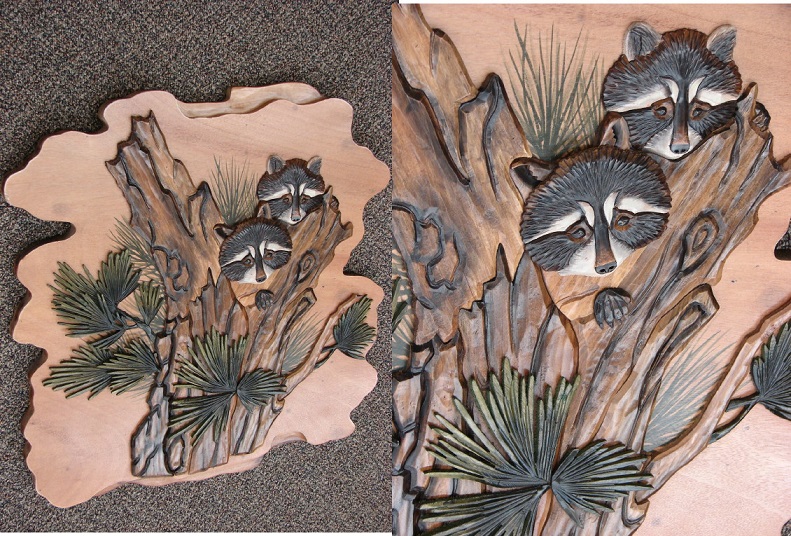 Intarsia Raccoons in Pine Tree Wall Decor Picture, Moose-R-Us.Com Log Cabin Decor