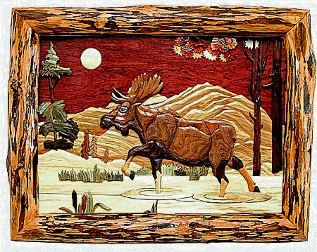 Intarsia Wood Art Walking Moose in Log Frame, Moose-R-Us.Com Log Cabin Decor