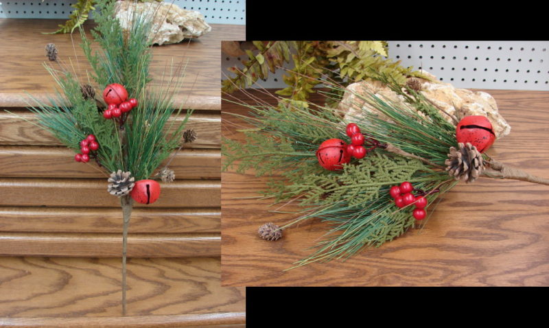 Realistic Cedar Pine Red Berry Jingle Bell Pick Mini Wreath, Moose-R-Us.Com Log Cabin Decor