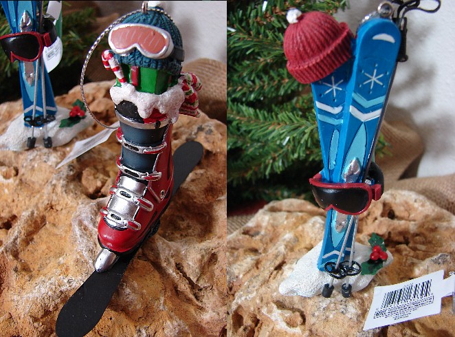 Detailed Downhill Ski Boot Skis Hat Ornament, Moose-R-Us.Com Log Cabin Decor