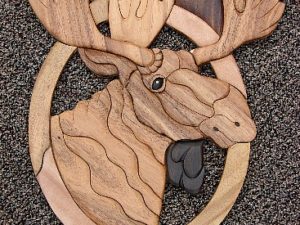 Solid Wood Intarsia Inlaid Bull Moose Head Wall Picture Wall Hanging