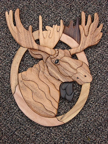Solid Wood Intarsia Inlaid Bull Moose Head Wall Picture Wall Hanging, Moose-R-Us.Com Log Cabin Decor