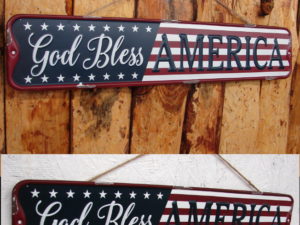 Antiqued Tin Enamel God Bless America Long Sign