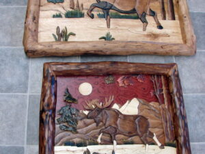 Intarsia Wood Carving 26-36" Art Walking Moose in Solid Log Frame