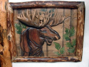 Intarsia Wood Carving Art 27" Bull Moose Head Log Framed Wall Decor
