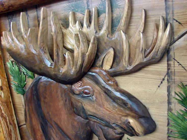 Intarsia Wood Art Bull Moose Head Log Framed Wall Decor, Moose-R-Us.Com Log Cabin Decor