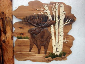 Intarsia Wood Carving 26-36&#8243; Art Walking Moose in Solid Log Frame, Moose-R-Us.Com Log Cabin Decor