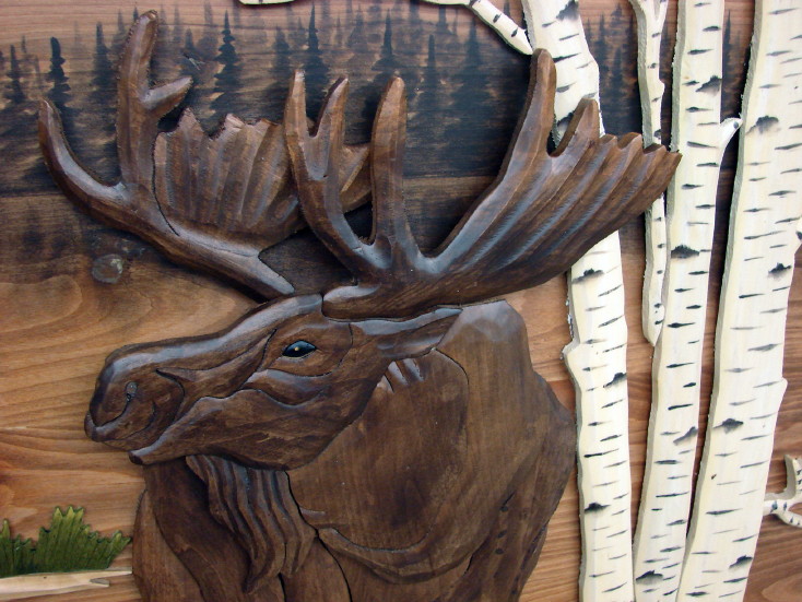 Intarsia Wood Art Bull Moose White Birch Trees Wood Wall Decor, Moose-R-Us.Com Log Cabin Decor