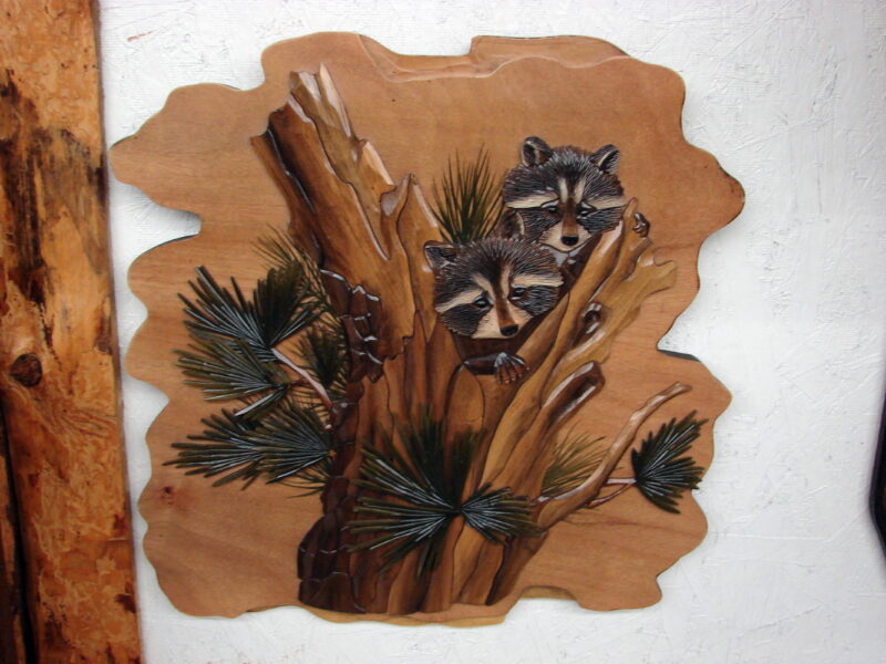 Intarsia Wood Carving Raccoons in Pine Tree Wall Decor Carved Raccoon Picture, Moose-R-Us.Com Log Cabin Decor