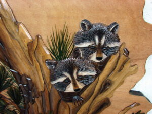 Intarsia Wood Carving 24" Raccoons in Pine Tree Wall Decor Carved Raccoon Picture