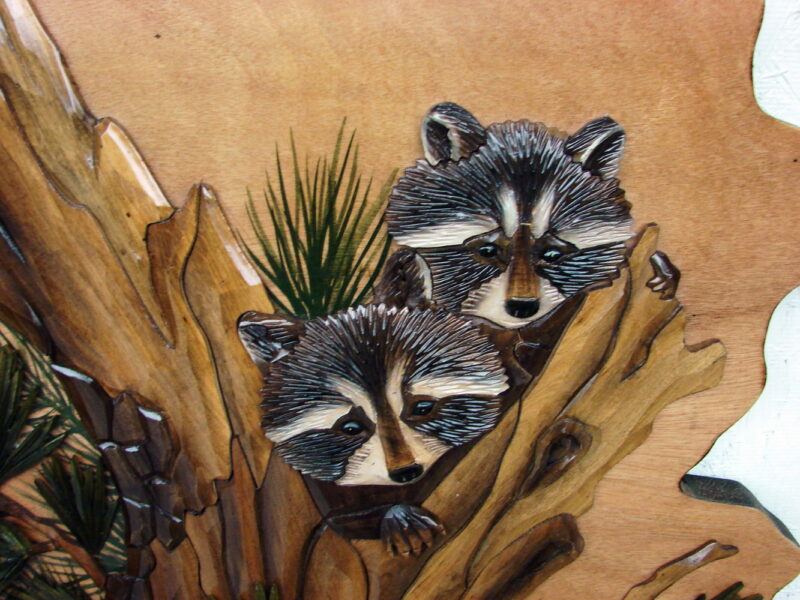 Intarsia Wood Carving Raccoons in Pine Tree Wall Decor Carved Raccoon Picture, Moose-R-Us.Com Log Cabin Decor