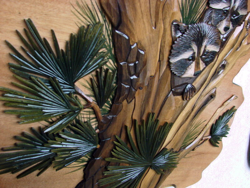 Intarsia Wood Carving Raccoons in Pine Tree Wall Decor Carved Raccoon Picture, Moose-R-Us.Com Log Cabin Decor