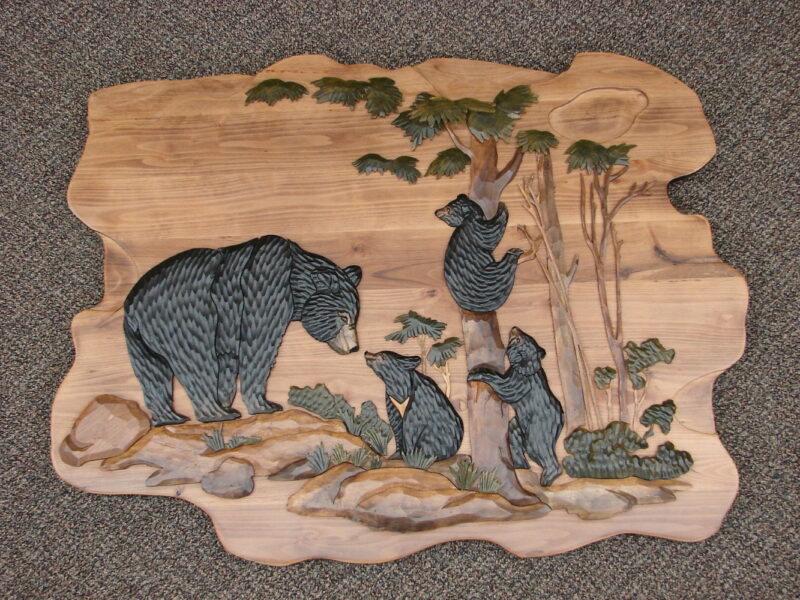 Intarsia Wood Carving Black Bear and Cubs in Forest Carved Wall Picture, Moose-R-Us.Com Log Cabin Decor