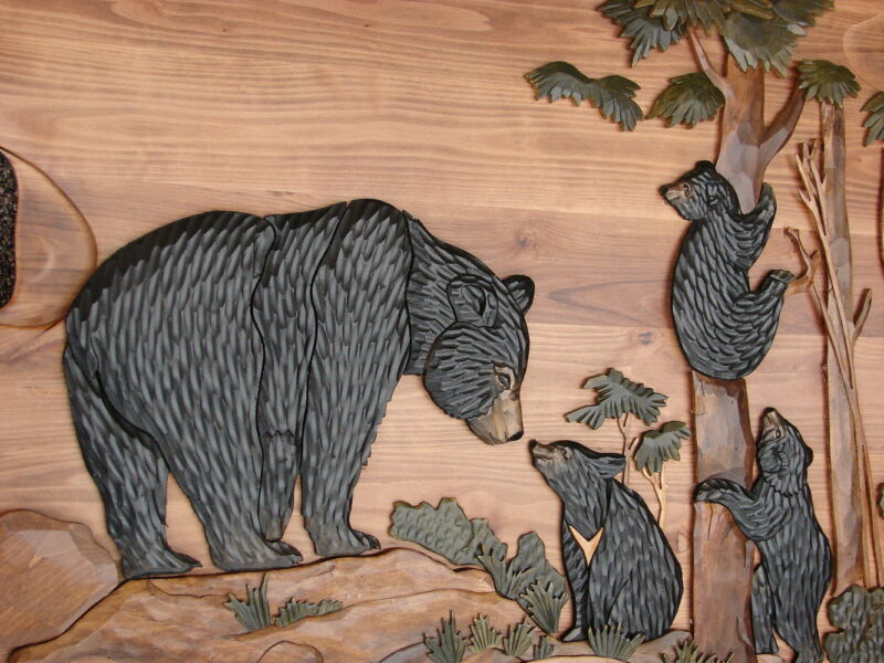 Intarsia Wood Carving 35&#8243; Black Bear and Cubs in Forest Carved Wall Picture, Moose-R-Us.Com Log Cabin Decor