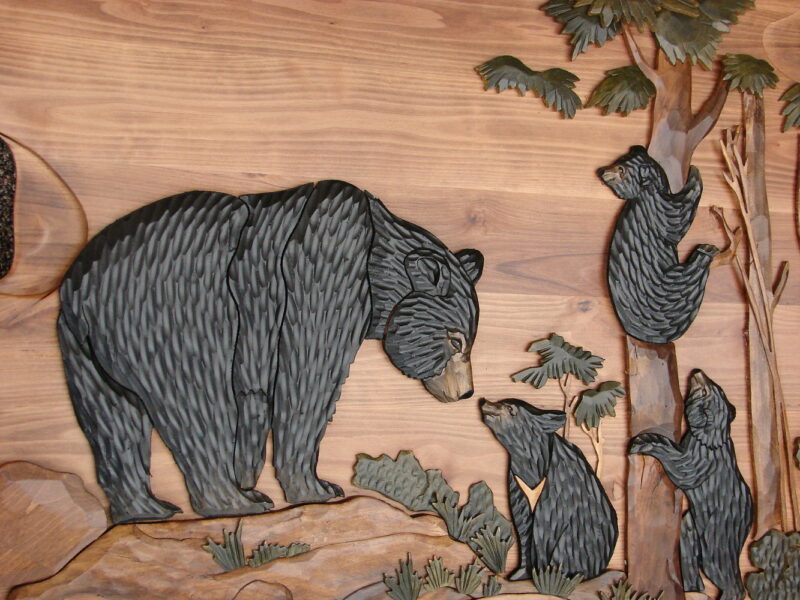 Intarsia Wood Carving Black Bear and Cubs in Forest Carved Wall Picture, Moose-R-Us.Com Log Cabin Decor