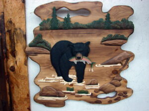 Intarsia Wood Carving Art 24"  Black Bear Fishing Rainbow Trout Wall Picture