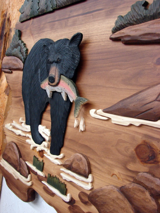 Intarsia Black Bear Fishing Rainbow Trout Wall Picture, Moose-R-Us.Com Log Cabin Decor