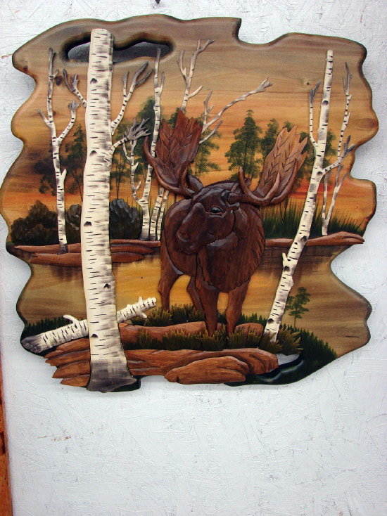 Intarsia Moose in Birch Trees Sunset Wall Decor Picture, Moose-R-Us.Com Log Cabin Decor