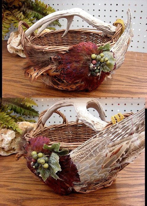 Northwoods Memories Real Antler Handle Ringneck Pheasant Pad Basket #B5, Moose-R-Us.Com Log Cabin Decor