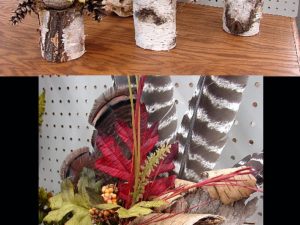 Birch Log Vase Centerpiece Feathers Pine Cone Fairy Shelf Arrangement #C3