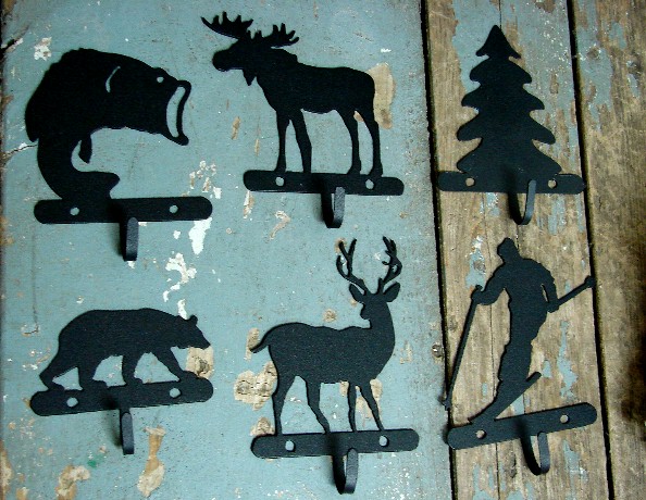 Rustic Black Iron Single Hook Deer Moose Bear Fish Skier Tree, Moose-R-Us.Com Log Cabin Decor