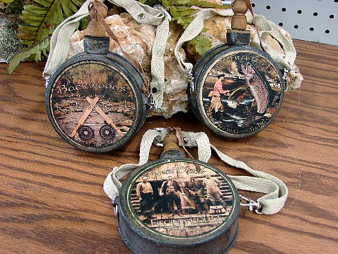 Antique Fly Fishing Miniature Tin Canteen Ornaments Set of 3 -   Log Cabin Decor