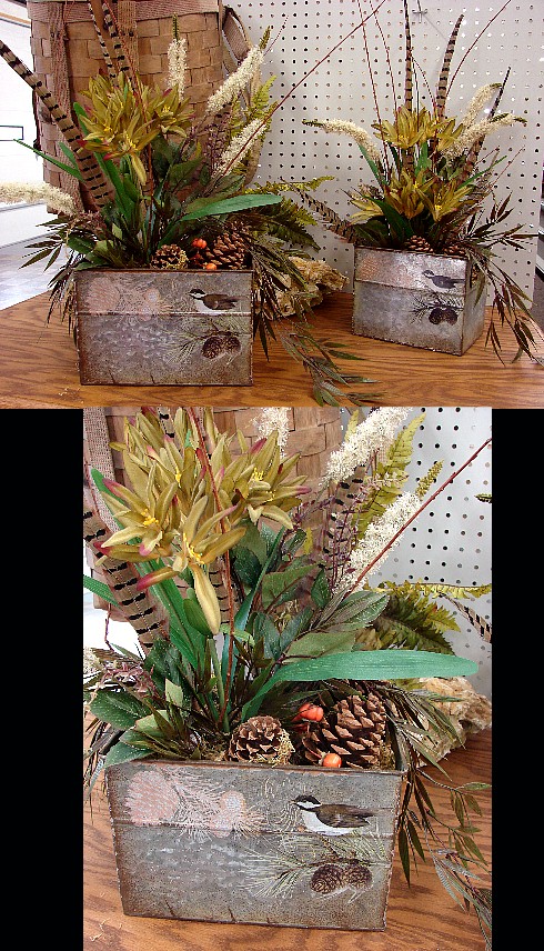 Galvanized Chickadee Tin Bearded Iris, Pheasant Feathers Pinecones Centerpiece C6, Moose-R-Us.Com Log Cabin Decor