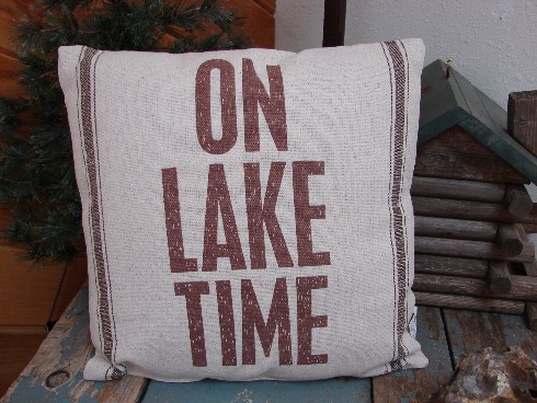 Cotton Grain Sack On Lake Time Throw Pillow, Moose-R-Us.Com Log Cabin Decor