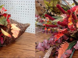 Cornucopia Autumn Leaves Pheasant Eucalyptus Red Cattails Centerpiece C11
