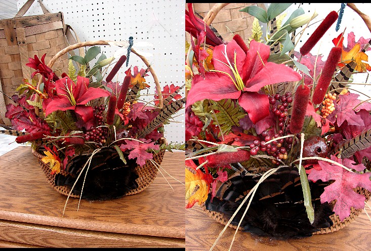 Handled Basket Pheasant Cattails Lilies Berries Turkey Pad Centerpiece C13, Moose-R-Us.Com Log Cabin Decor