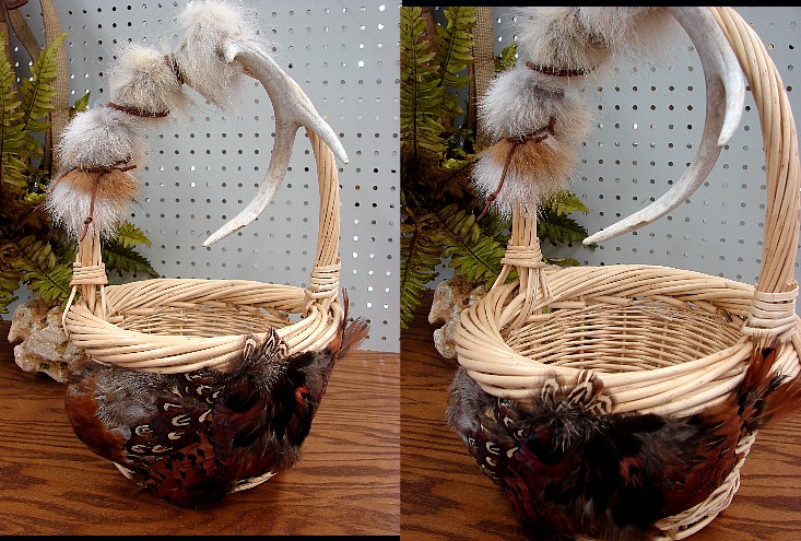 Northwoods Memories Pheasant Wrapped Fox Antler Woven Basket #B14, Moose-R-Us.Com Log Cabin Decor