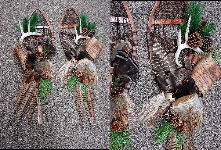 Antique Pair Snowshoes Pheasant Turkey Deer Antler Pine Bough Pine Cones #W45, Moose-R-Us.Com Log Cabin Decor