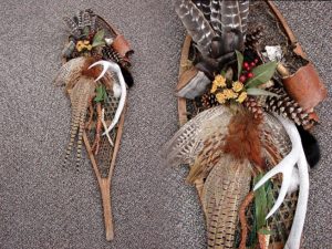 Single Antique Snowshoe Turkey Birch Bark Pheasant Deer Antler Wall Hanging Snow Shoe 48 or 58"
