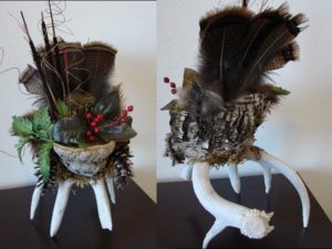 Deer Antler Centerpiece Wild Turkey Feathers Pine Cones Fairy Shelf Birch Bark Arrangement #C1