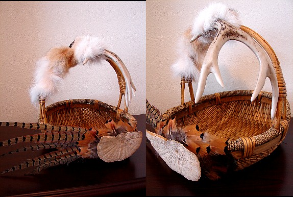 Northwoods Memories Craft Deer Antler Mushroom Pheasant Fox Pelt Handled Basket #B22, Moose-R-Us.Com Log Cabin Decor