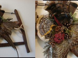 Antique Buck Saw Deer Antler Turkey Feathers Fairy Shelf Pinecone Wall Hanging #W2