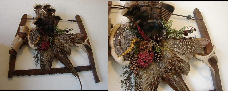 Antique Buck Saw Deer Antler Turkey Feathers Fairy Shelf Pinecone Wall Hanging #W2, Moose-R-Us.Com Log Cabin Decor