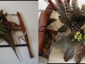 Antique Buck Saw Deer Antler Turkey Pheasant Feathers Pinecone Wall Hanger #W4