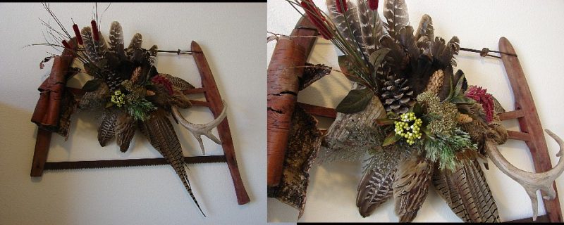 Antique Buck Saw Deer Antler Turkey Pheasant Feathers Pinecone Wall Hanger #W4, Moose-R-Us.Com Log Cabin Decor