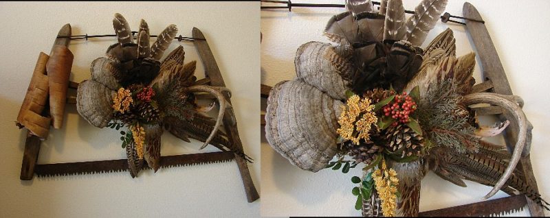 Antique Buck Saw Deer Antler Turkey Feather Birch Bark Fairy Shelf Wall Hanger #W6, Moose-R-Us.Com Log Cabin Decor