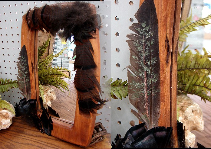 Northwoods Memories Wild Turkey Feather Painted Feather Rustic Wall Mirror #W48, Moose-R-Us.Com Log Cabin Decor