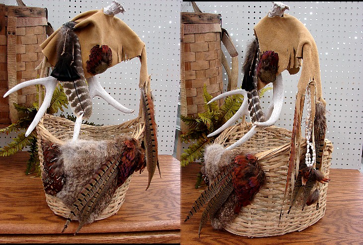 Northwoods Memories Native Deer Leather Antler Pheasant Turkey Basket #B19, Moose-R-Us.Com Log Cabin Decor