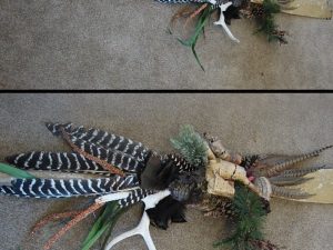 Antique Boat Oar Turkey Feathers Deer Antler Birch Bark Wall Hanging Arrangement #W9
